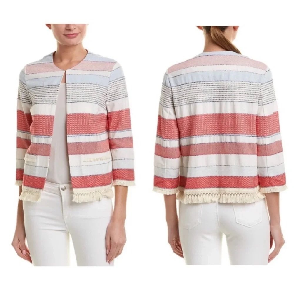J.McLaughlin‎ Jacket Womens Large Red Blue Striped Fringe Open Front